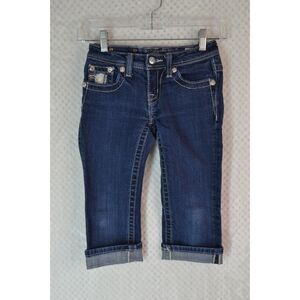 Miss Me Girls 10 Dark Wash Roll Cuff Embroidered Capris